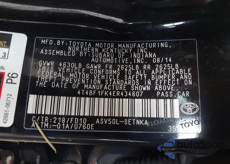2014 Toyota Camry Le from USA, damaged, VIN 4T4BF1FK4ER434607